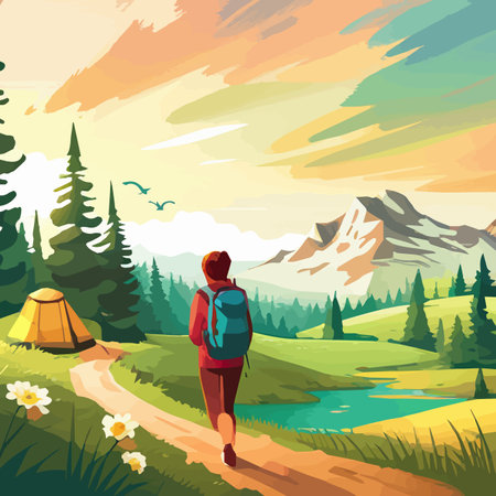 Adventure woman hiker enjoying hiking in mountains with nordic poles backpack flat vector illustration. Woman traveler travels with backpack.のイラスト素材