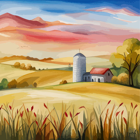Farm on a hill with yellow or golden wheat field in a watercolor style, agriculture, cultivation, countryside, fieldのイラスト素材