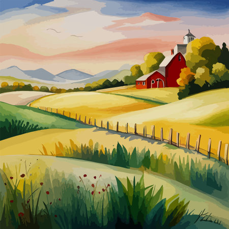 Farm on a hill with yellow or golden wheat field in a watercolor style, agriculture, cultivation, countryside, fieldのイラスト素材