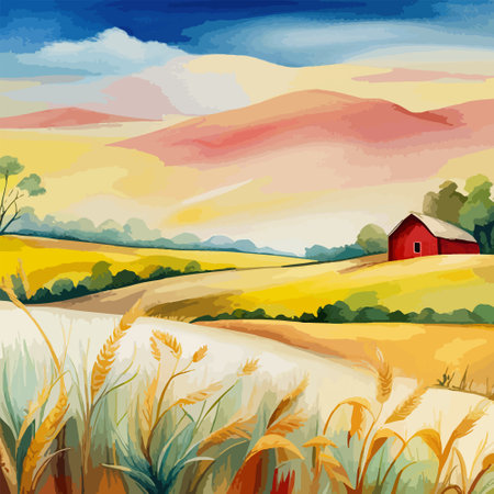 Farm on a hill with yellow or golden wheat field in a watercolor style, agriculture, cultivation, countryside, fieldのイラスト素材