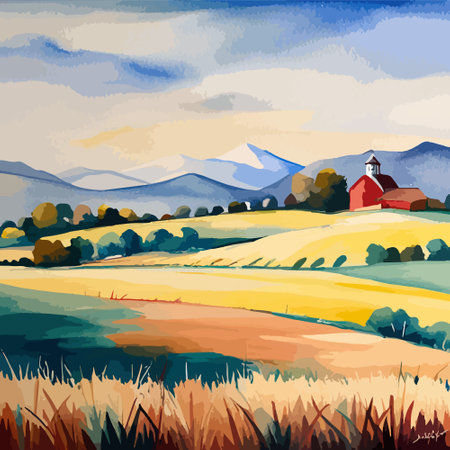 Farm on a hill with yellow or golden wheat field in a watercolor style, agriculture, cultivation, countryside, fieldのイラスト素材
