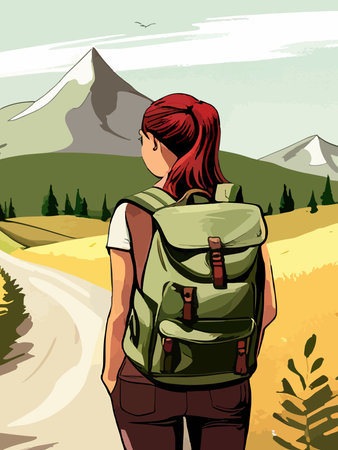 Beautiful design with a sense of travel. A young woman with a backpack inspects the surroundings. Vector verticalのイラスト素材