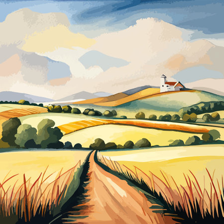 Farm on a hill with yellow or golden wheat field in a watercolor style, agriculture, cultivation, countryside, fieldのイラスト素材
