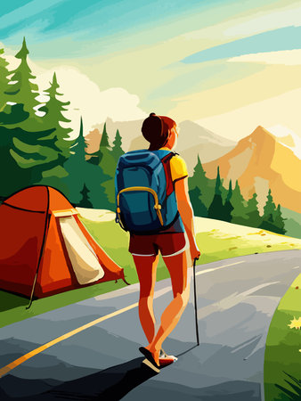 Beautiful design with a sense of travel. A young woman with a backpack inspects the surroundings. Vector verticalのイラスト素材