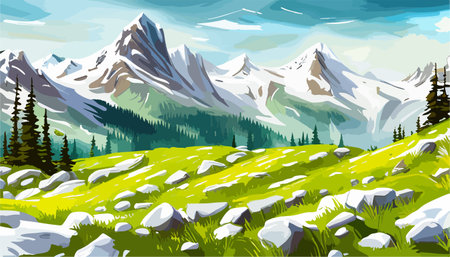Beautiful fantasy landscape field full of spring, with color, background vector illustration. flowers against backdropのイラスト素材