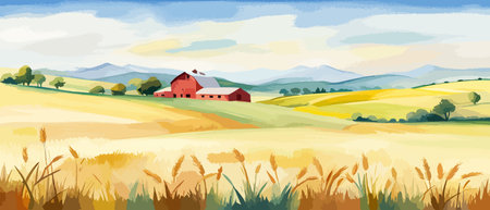 Farm on a hill with yellow or golden wheat field in a watercolor style, agriculture, cultivation, countryside, fieldのイラスト素材