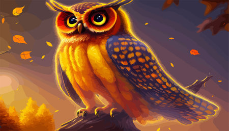 Owl. Realistic bird on dark moon forest background. Dark night background. autumn fairy tale art. Fashion templateのイラスト素材