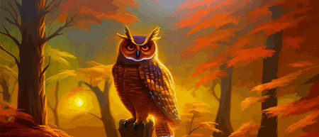 Owl. Realistic bird on dark moon forest background. Dark night background. autumn fairy tale art. Fashion templateのイラスト素材