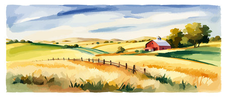 Farm on a hill with yellow or golden wheat field in a watercolor style, agriculture, cultivation, countryside, fieldのイラスト素材
