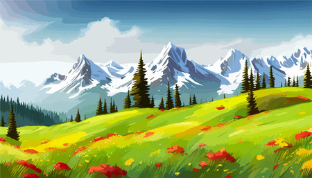 Beautiful fantasy landscape field full of spring, with color, background vector illustration. flowers against backdropのイラスト素材