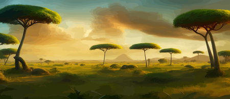 African rainforest. African jungle rainforest panorama with tropical vegetation, exotic fantasy landscape banner vectorのイラスト素材