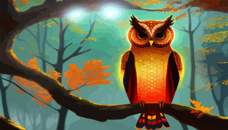 Owl. Realistic bird on dark moon forest background. Dark night background. autumn fairy tale art. Fashion templateのイラスト素材