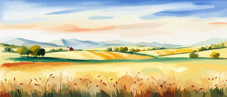 Farm on a hill with yellow or golden wheat field in a watercolor style, agriculture, cultivation, countryside, fieldのイラスト素材