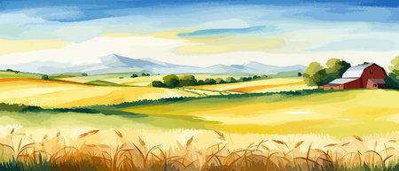 Farm on a hill with yellow or golden wheat field in a watercolor style, agriculture, cultivation, countryside, fieldのイラスト素材