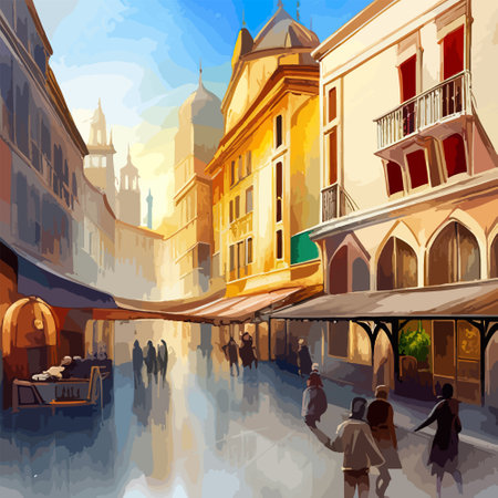 Old town street with water channel Stray vinice background, city landscape view, watercolor drawing, Vector illustration.のイラスト素材