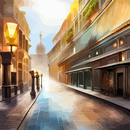 Old town street with water channel Stray vinice background, city landscape view, watercolor drawing, Vector illustration.のイラスト素材