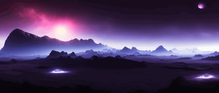 Space digital artwork. Surreal fantasy space. Nebula with planets stars. Science fiction elements. Glowing technologies. Dark colorful universe. Asteroids concept with moons stones vector illustrationのイラスト素材