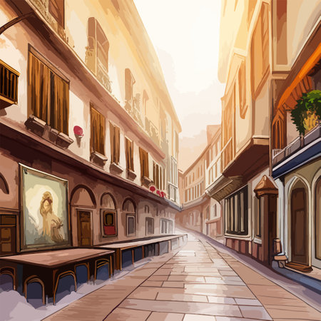 Old town street with water channel Stray vinice background, city landscape view, watercolor drawing, Vector illustration.のイラスト素材