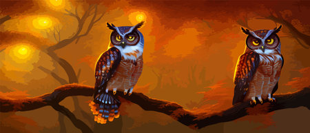 Owl. Realistic bird on dark moon forest background. Dark night background. autumn fairy tale art. Fashion templateのイラスト素材