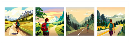 Adventure woman hiker enjoying hiking in mountains with nordic poles backpack flat vector illustration. Woman traveler travels with backpack.のイラスト素材