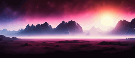 Space digital artwork. Surreal fantasy space. Nebula with planets stars. Science fiction elements. Glowing technologies. Dark colorful universe. Asteroids concept with moons stones vector illustrationの素材