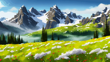 Beautiful fantasy landscape field full of spring, with color, background vector illustration. flowers against backdropのイラスト素材