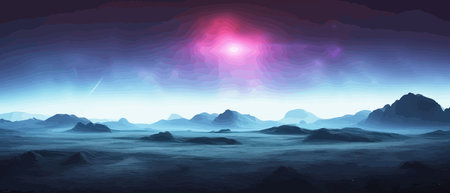Space digital artwork. Surreal fantasy space. Nebula with planets stars. Science fiction elements. Glowing technologies. Dark colorful universe. Asteroids concept with moons stones vector illustrationのイラスト素材