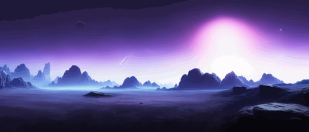 Space digital artwork. Surreal fantasy space. Nebula with planets stars. Science fiction elements. Glowing technologies. Dark colorful universe. Asteroids concept with moons stones vector illustrationのイラスト素材