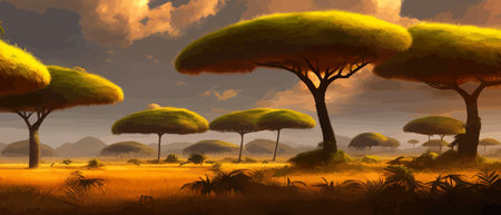 African rainforest. African jungle rainforest panorama with tropical vegetation, exotic fantasy landscape banner vectorのイラスト素材
