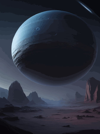 Futuristic fantasy landscape, sci fi landscape with planet, neon light, cold planet. Galaxy unknown planet Dark naturalのイラスト素材