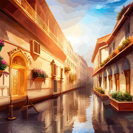 Old town street with water channel Stray vinice background, city landscape view, watercolor drawing, Vector illustration.のイラスト素材