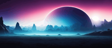 Space digital artwork. Surreal fantasy space. Nebula with planets stars. Science fiction elements. Glowing technologies. Dark colorful universe. Asteroids concept with moons stones vector illustrationのイラスト素材