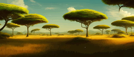 African rainforest. African jungle rainforest panorama with tropical vegetation, exotic fantasy landscape banner vectorのイラスト素材