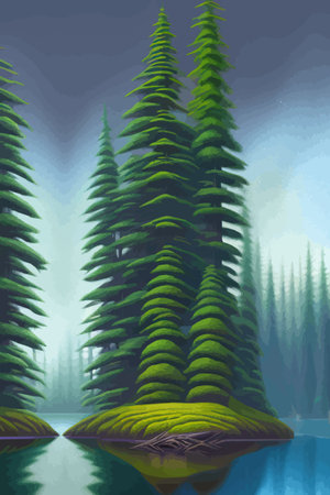 Landscape in scandinavian arctic forest, pine trees and snowy sunset, matte painting vector illustrationのイラスト素材