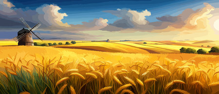 Country summer landscape with windmills, wheat field with grain, flat vector illustration. Rural area. Haybales. Farm Flat. Organic food concept for any design banner.のイラスト素材