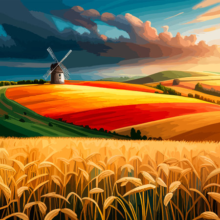 Rural summer landscape with windmill and wheat field. Vector illustration. Nature rural landscape with old dutchのイラスト素材