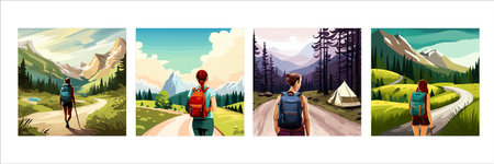 Adventure woman hiker enjoying hiking in mountains with nordic poles backpack flat vector illustration. Woman traveler travels with backpack.のイラスト素材