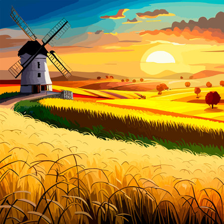 Rural summer landscape with windmill and wheat field. Vector illustration. Nature rural landscape with old dutchのイラスト素材