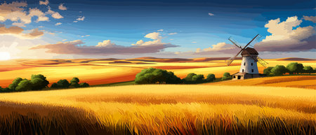 Country summer landscape with windmills, wheat field with grain, flat vector illustration. Rural area. Haybales. Farm Flat. Organic food concept for any design banner.のイラスト素材