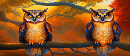 Owl. Realistic bird on dark moon forest background. Dark night background. autumn fairy tale art. Fashion templateのイラスト素材