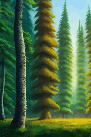 Landscape in scandinavian arctic forest, pine trees and snowy sunset, matte painting vector illustrationのイラスト素材