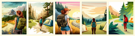 Beautiful design with a sense of travel. A young woman with a backpack inspects the surroundings. Vector verticalのイラスト素材