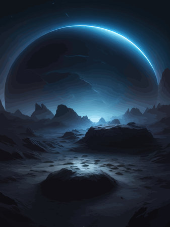 Futuristic fantasy landscape, sci fi landscape with planet, neon light, cold planet. Galaxy unknown planet Dark naturalのイラスト素材