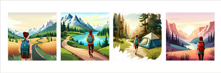 Adventure woman hiker enjoying hiking in mountains with nordic poles backpack flat vector illustration. Woman traveler travels with backpack.のイラスト素材