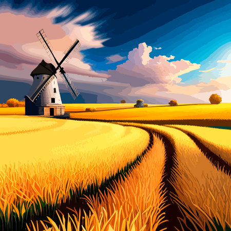 Rural summer landscape with windmill and wheat field. Vector illustration. Nature rural landscape with old dutchのイラスト素材