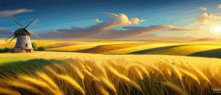 Country summer landscape with windmills, wheat field with grain, flat vector illustration. Rural area. Haybales. Farm Flat. Organic food concept for any design banner.のイラスト素材