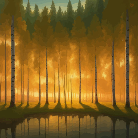 Vector illustration Autumn landscape golden alley park of birches near a pond , contemporary art impressionism abstractのイラスト素材