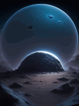 Futuristic fantasy landscape, sci fi landscape with planet, neon light, cold planet. Galaxy unknown planet Dark naturalのイラスト素材