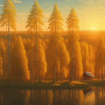 Vector illustration Autumn landscape golden alley park of birches near a pond , contemporary art impressionism abstractのイラスト素材
