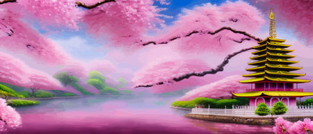 Cherry trees and lake under Mount Fuji, clear cloudy sky at dusk, super realistic and highly detailed Japanese pagoda, vector illustration.のイラスト素材